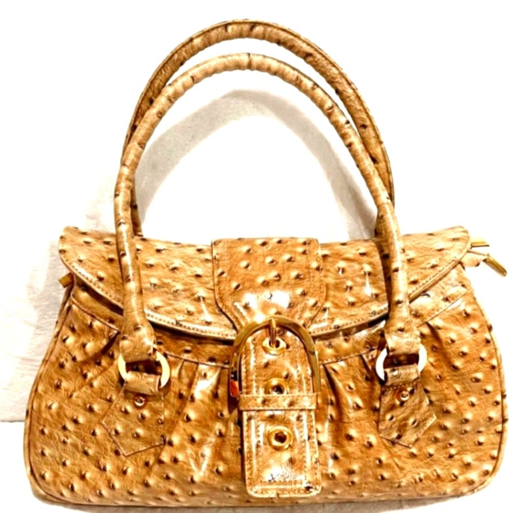 The Find Ostrich Camel/Gold Embossed Leather Bag - NWOT #128